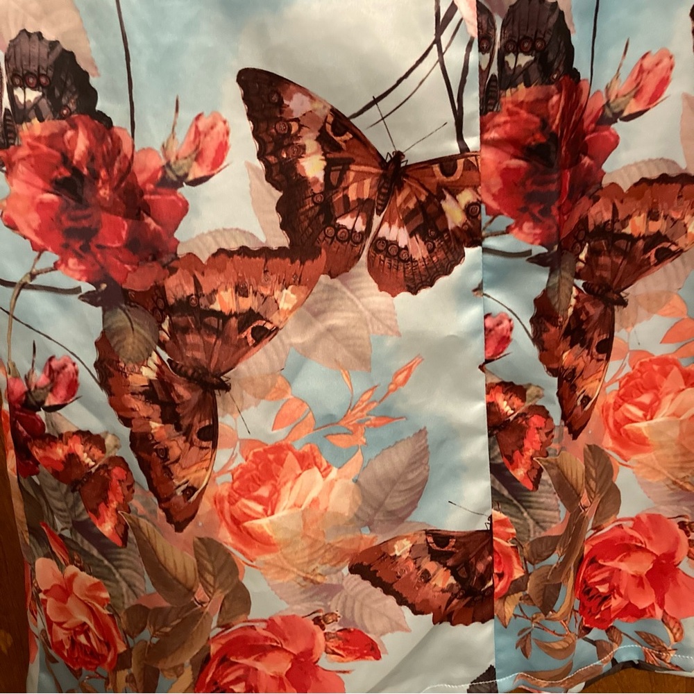 NWOT one of a kind custom satin butterfly and roses print shift dress 60s style - Picture 3 of 5